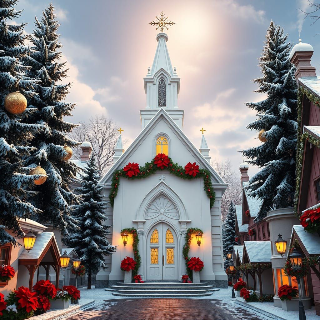 Majestic White Christmas Church with Golden Ornament Balls a...