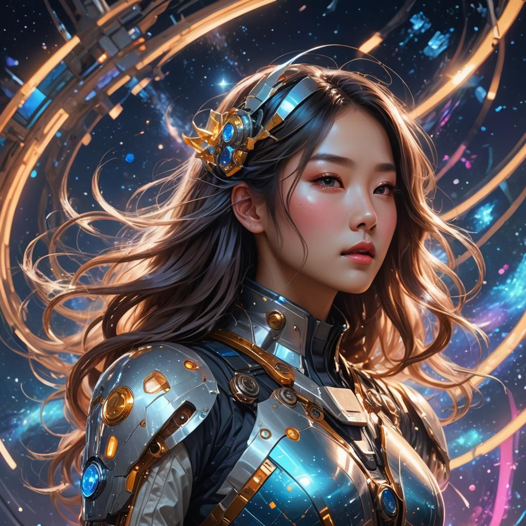 Futuristic Korean Girl Portrait with Luminous Hair