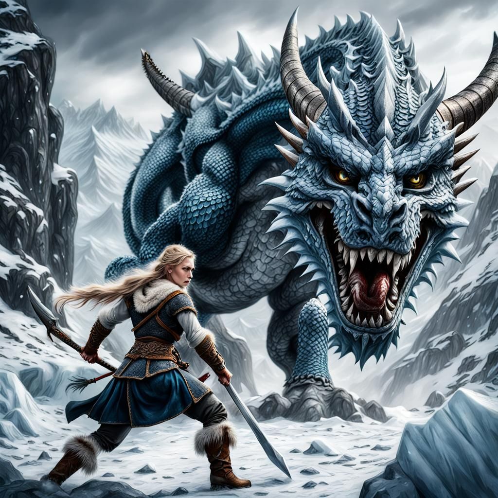 Viking Woman Battles Ice Dragon in Snowy Mountains