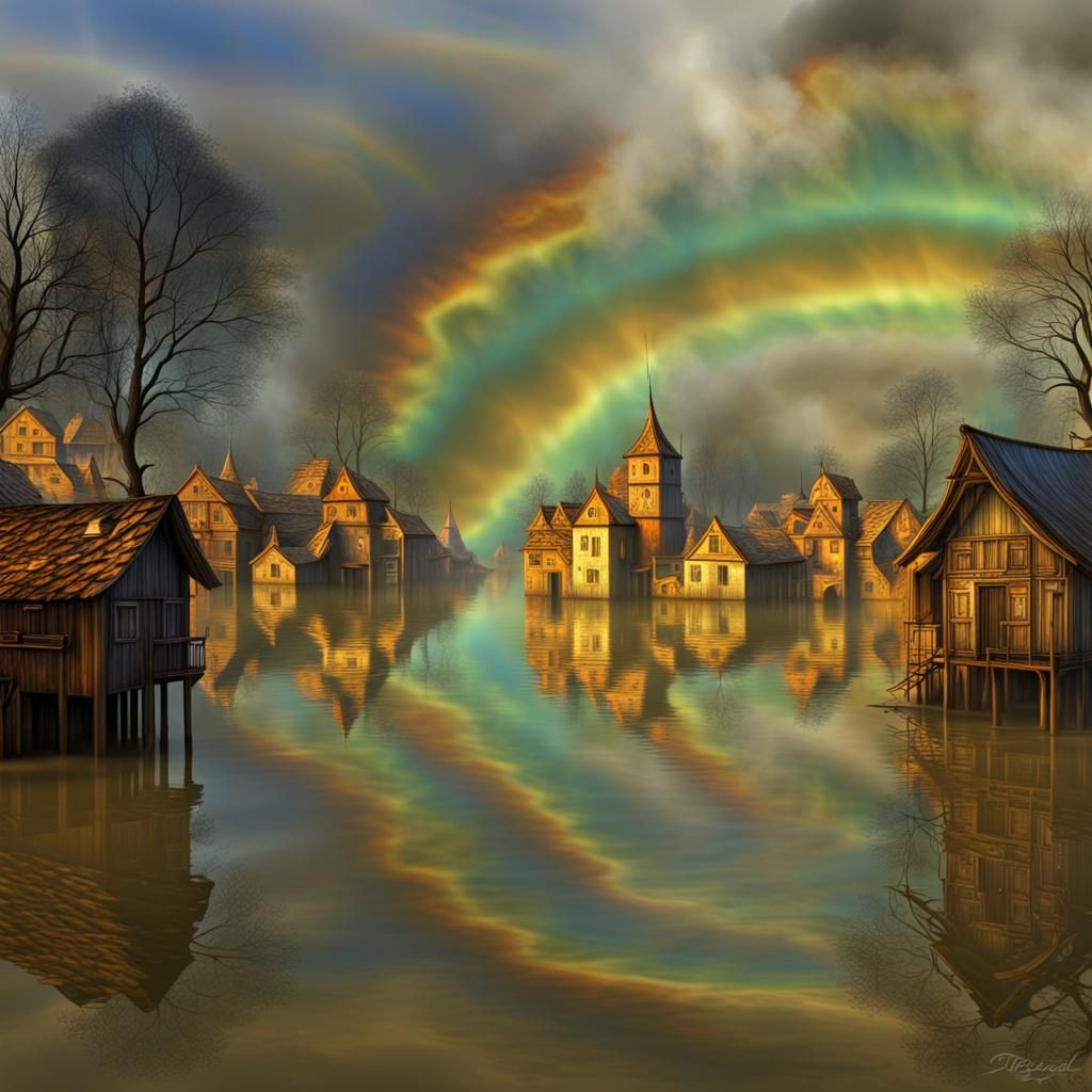 Rainbow Over Flooded Village in Fractal Art Style