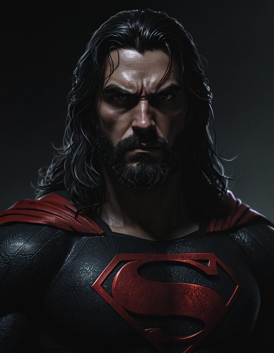 "Superman turned evil. Onyx crimson suit,long hair bearded; ...