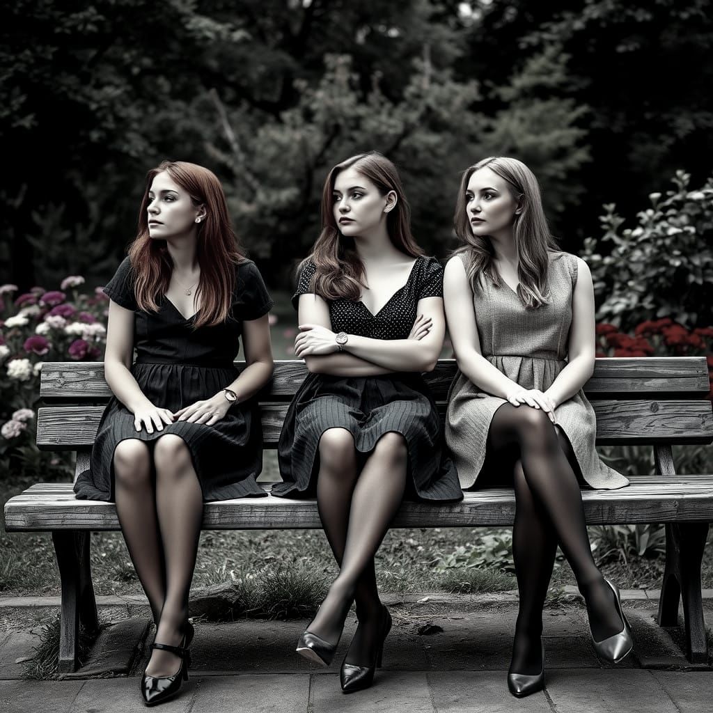 Elegant Young Women Sit on a Bench in Copenhagen Park