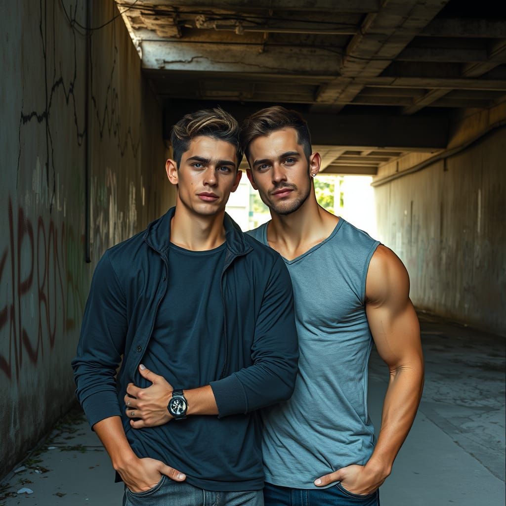 Gay Couple Under Urban Overpass in Moody Realism