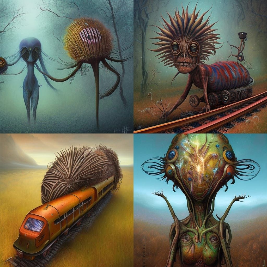 Bizarre Train Amidst Alien Plants in Digital Painting