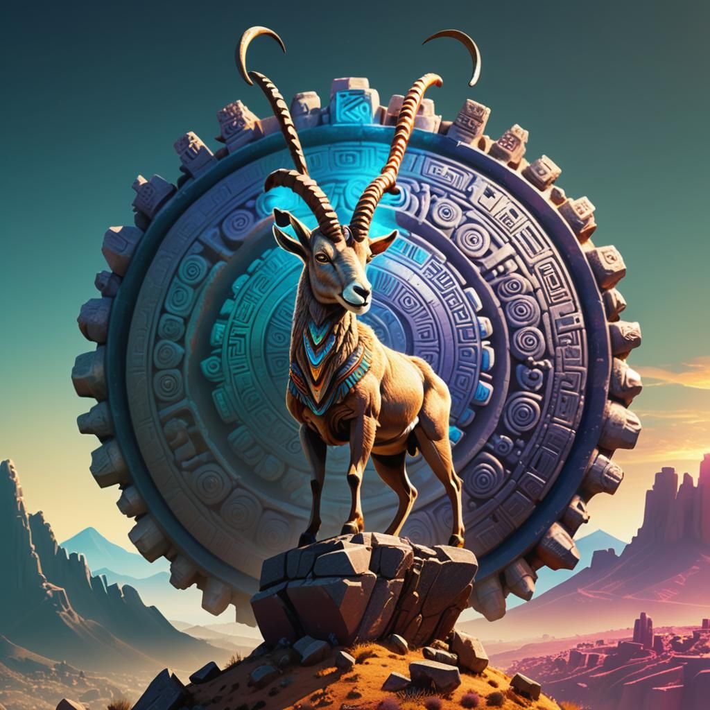 Majestic Ibex Amidst Aztec Ruins in Byzantine Style