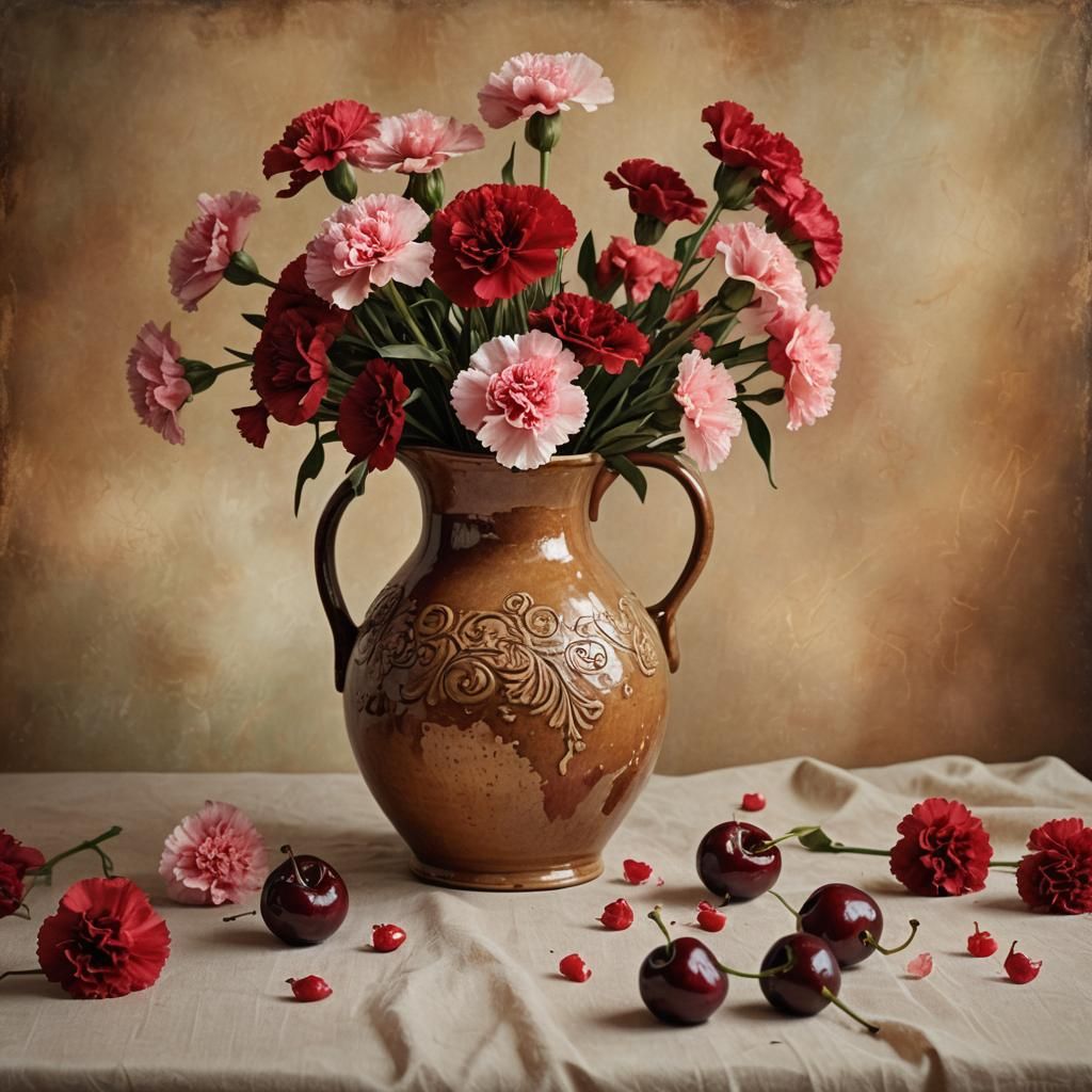 Still Life: Jug, Carnations, Cherries in Macro Photography