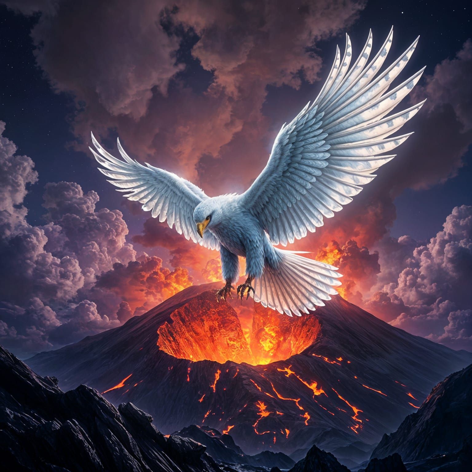 Majestic Glass Eagle Above Fiery Volcano