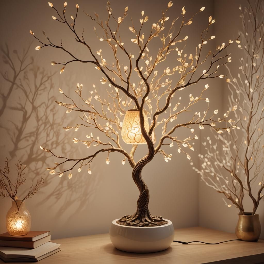 Glowing Tree Lamp Illuminates Cozy Fantasy Room