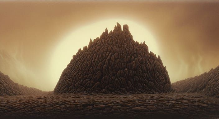 Eerie Warped Landscape with Blood Ocean and Runes