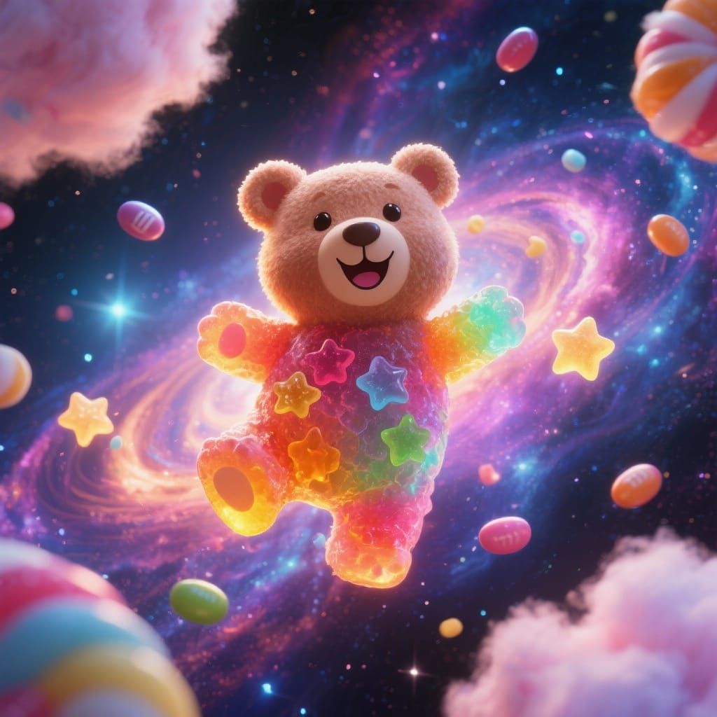 Cute Gummy Bear in Candy Galaxy, Photorealistic Style