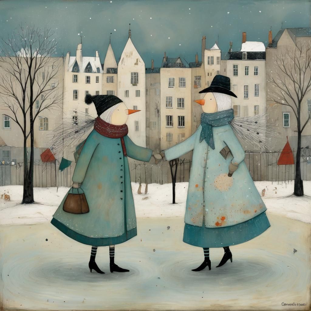 Dancing Snowflakes in Naive Art Style