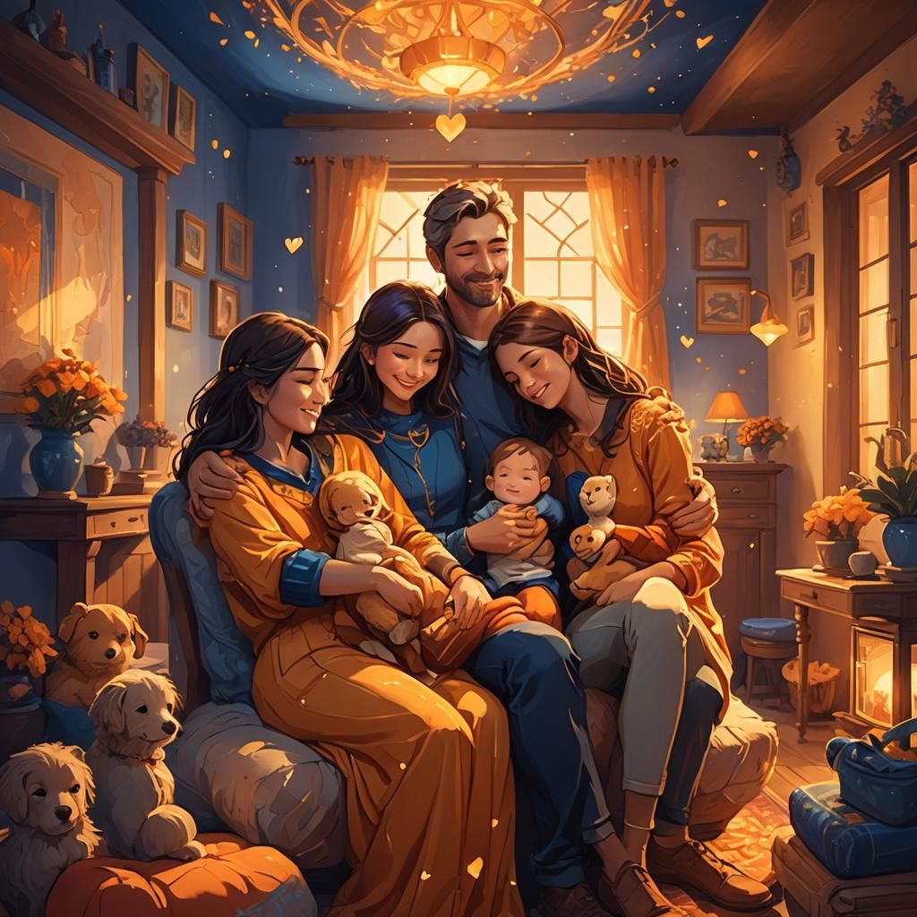 Cozy Family Embrace in Golden Fantasy Art