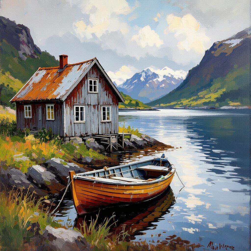 Norwegian Fjord House and Boat in Impasto Style