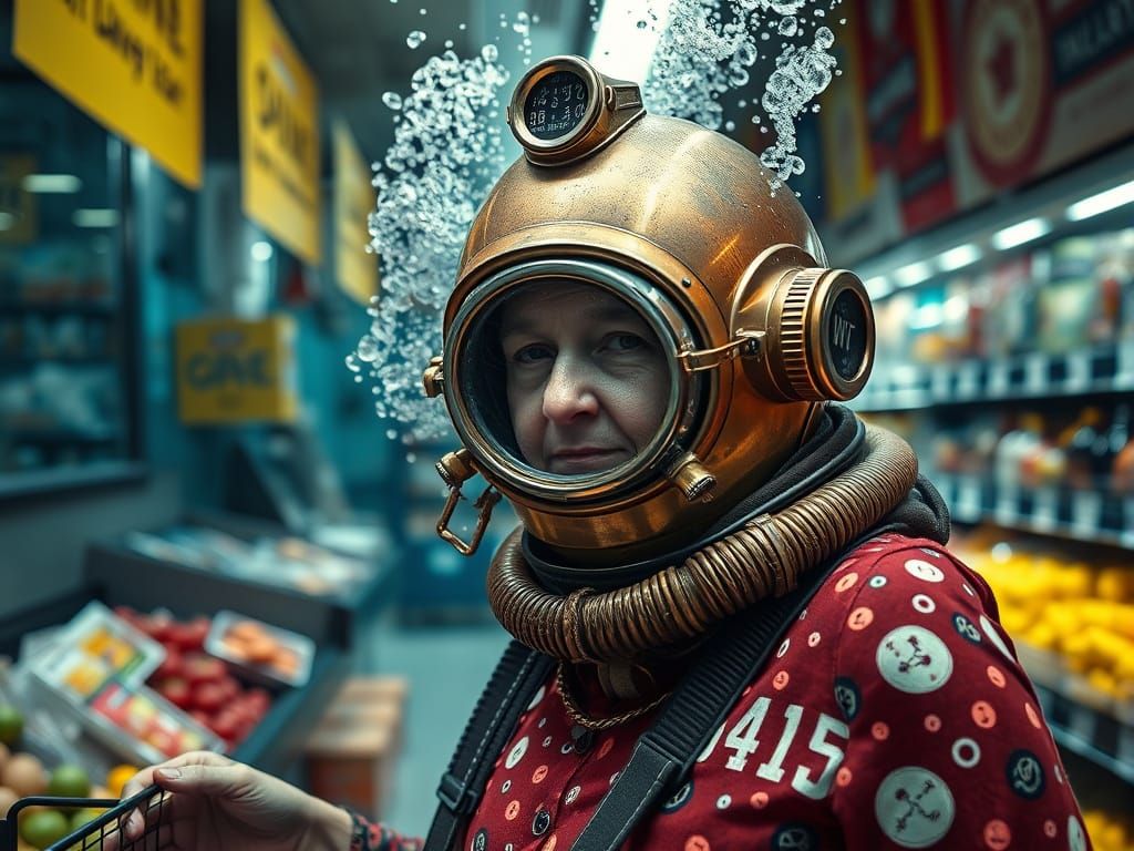 Grandma in Diving Helmet Shops Underwater