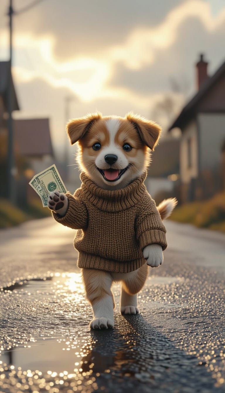 Happy Puppy Walks Village Road with Money