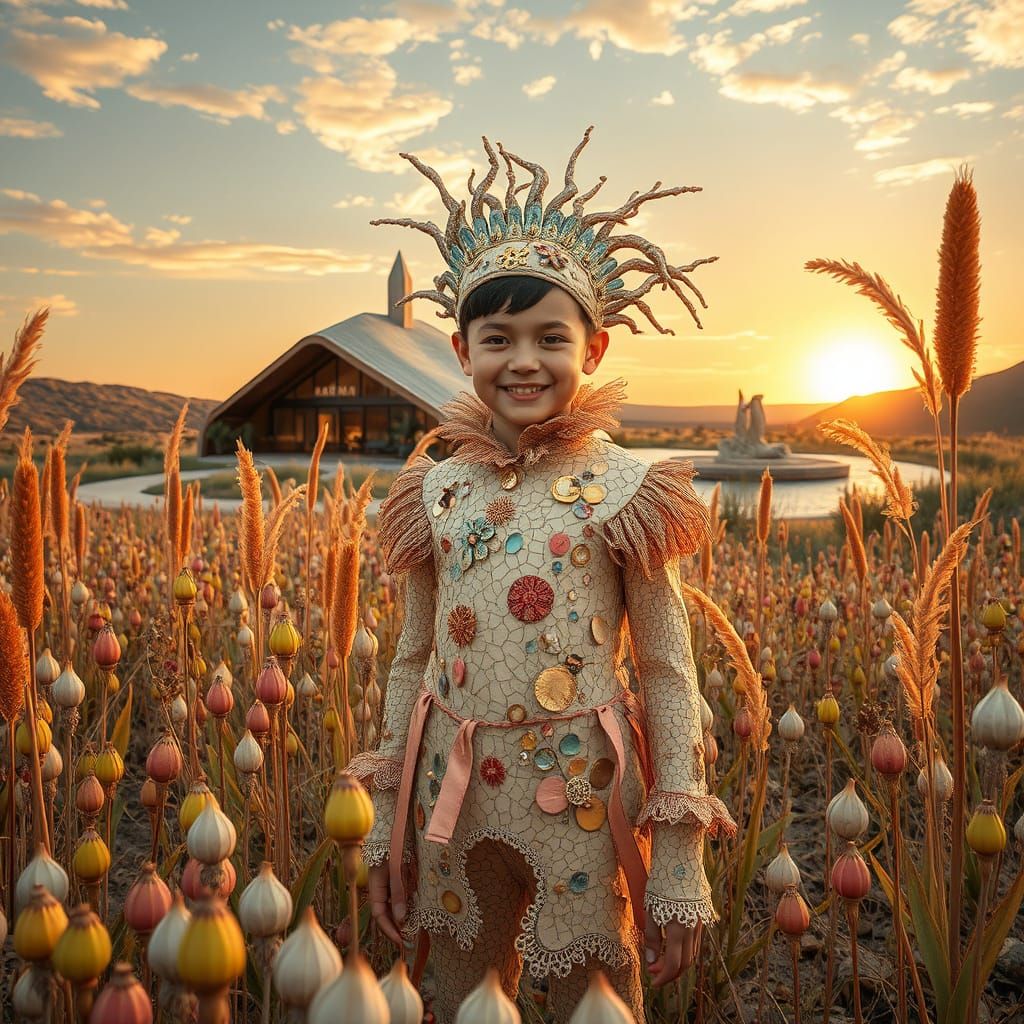 Child in Surreal Outfit Amidst Ethereal Field