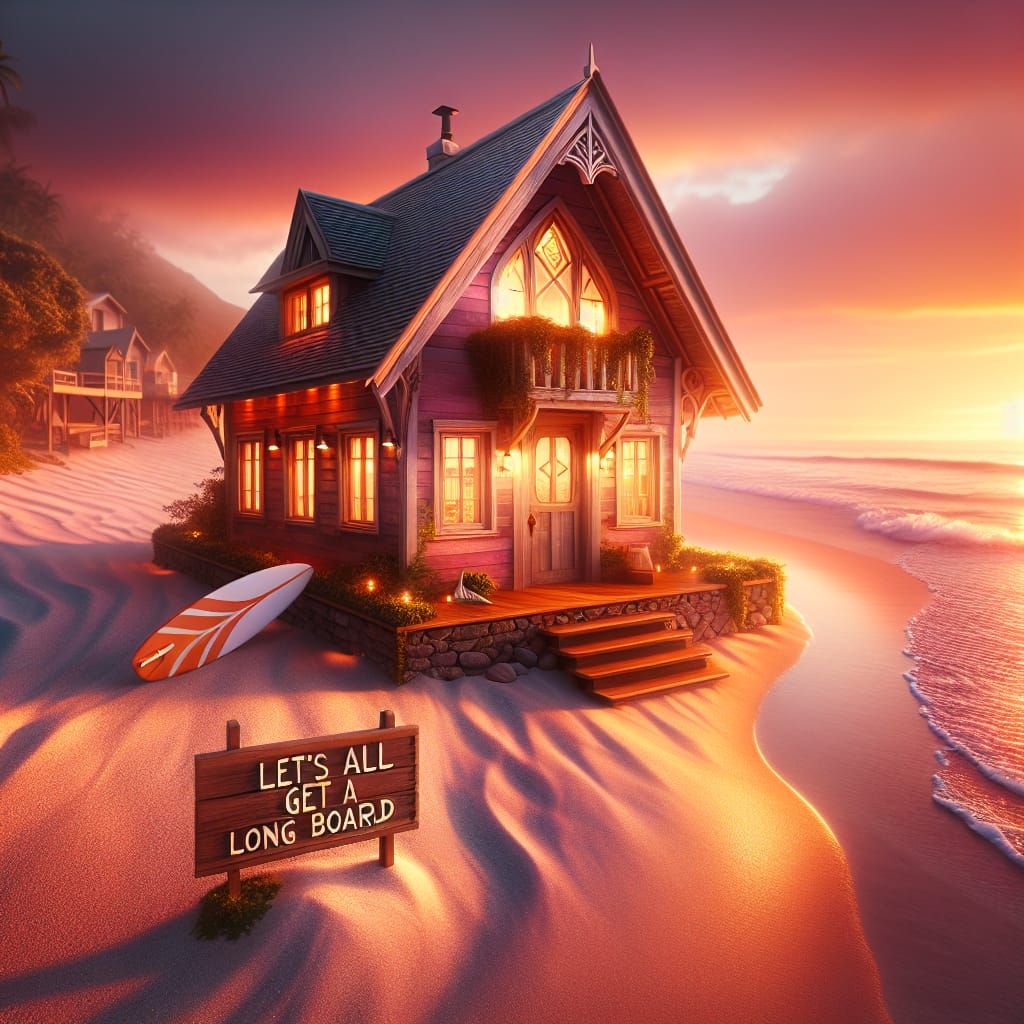 Idyllic Beach House at Sunset with Surfboard Sign