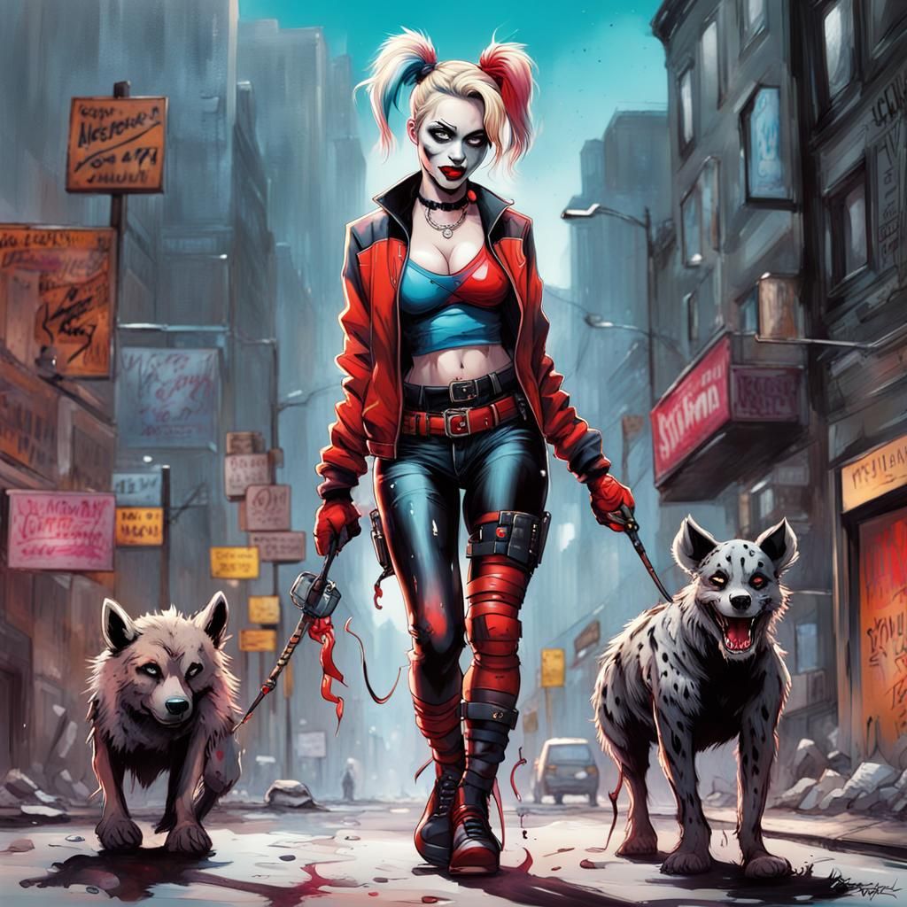 Harley Quinn and Pet Hyena in Gotham Graffiti