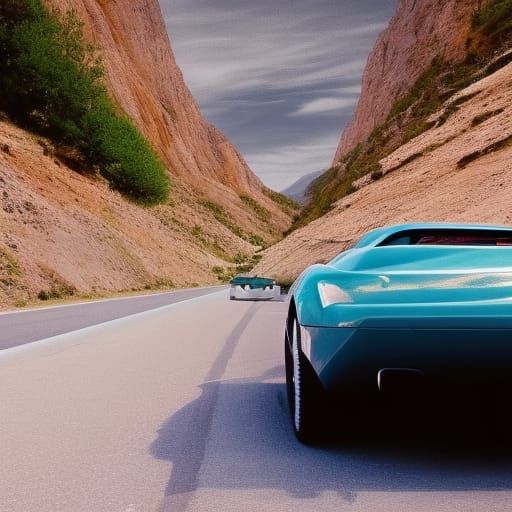 Sports Car at Valley Viewpoint: Retro Digital Illustration