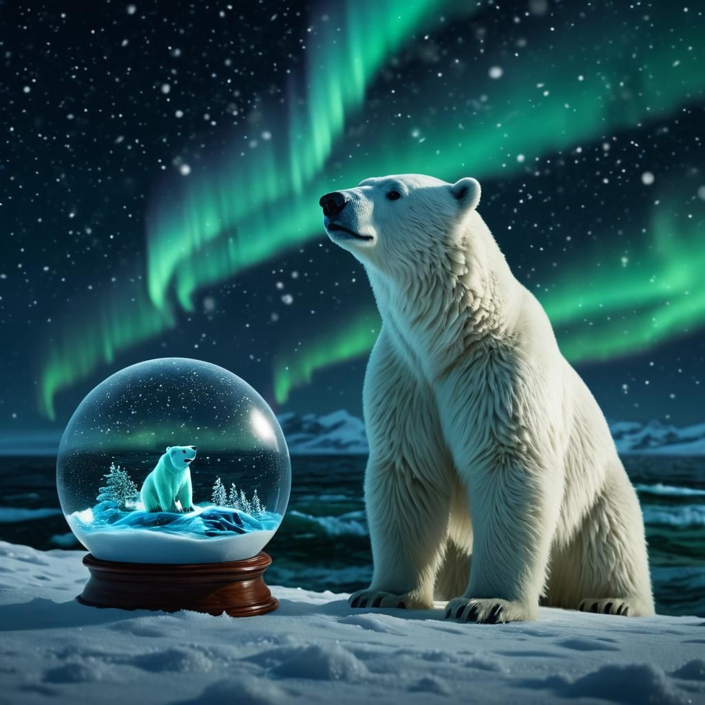 Polar Bear, Snow Globe, and Northern Lights