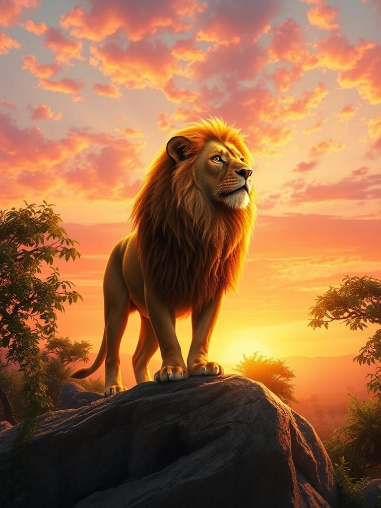Lion Surveys Kingdom at Sunset: Digital Illustration