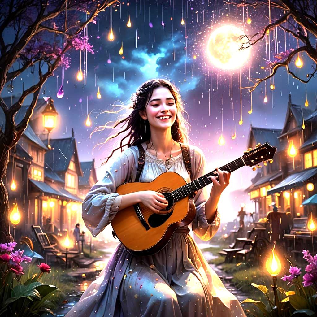 Colorful Rain Girl Playing Music in Matte Painting