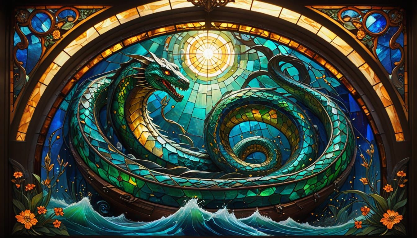 Vibrant Stained Glass Serpent Wraps Sinking Ship in Kaleidos...