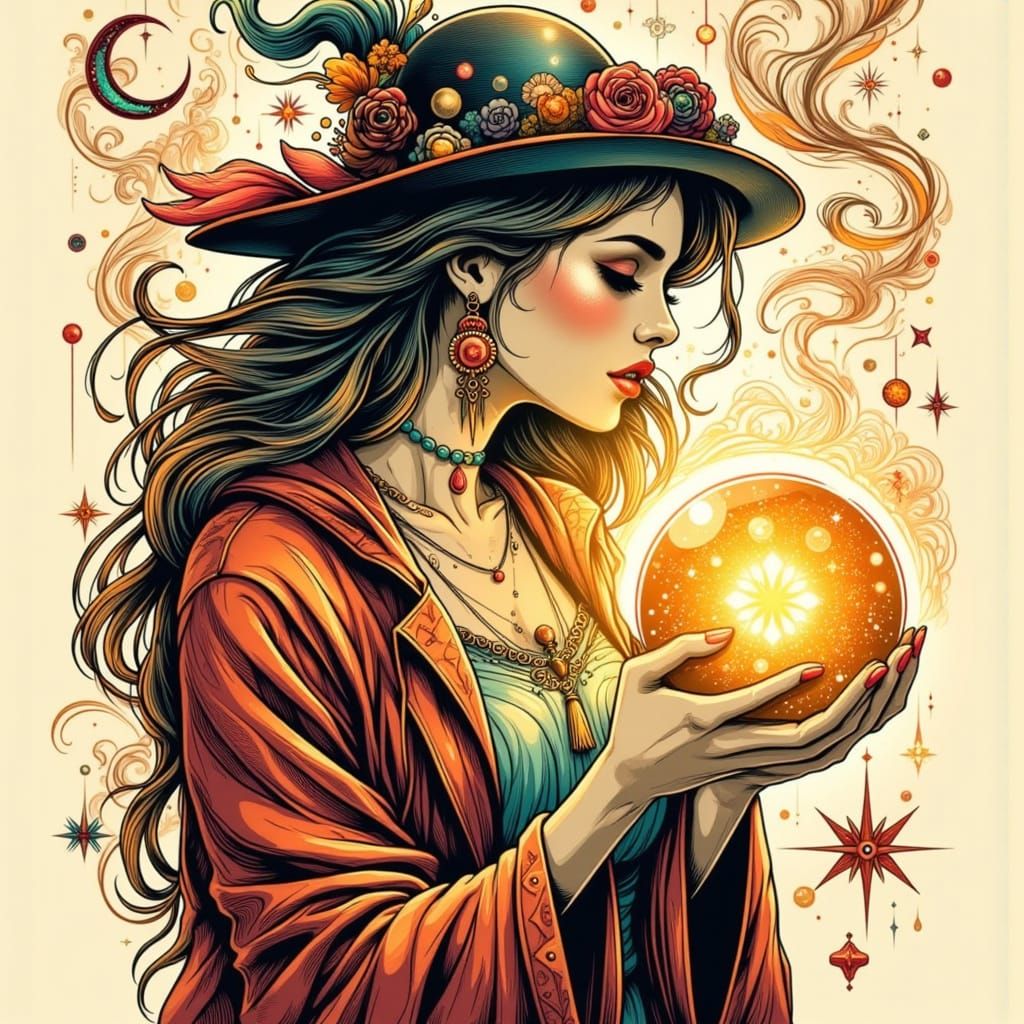 Fortune Teller with Crystal Ball Tattoo Illustration
