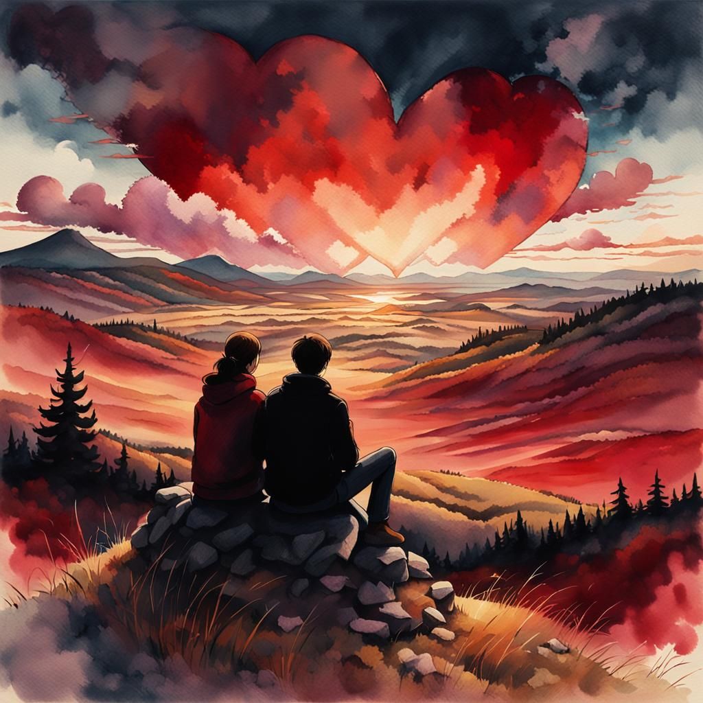Romantic Sunset: Couple Under Heart-Shaped Clouds