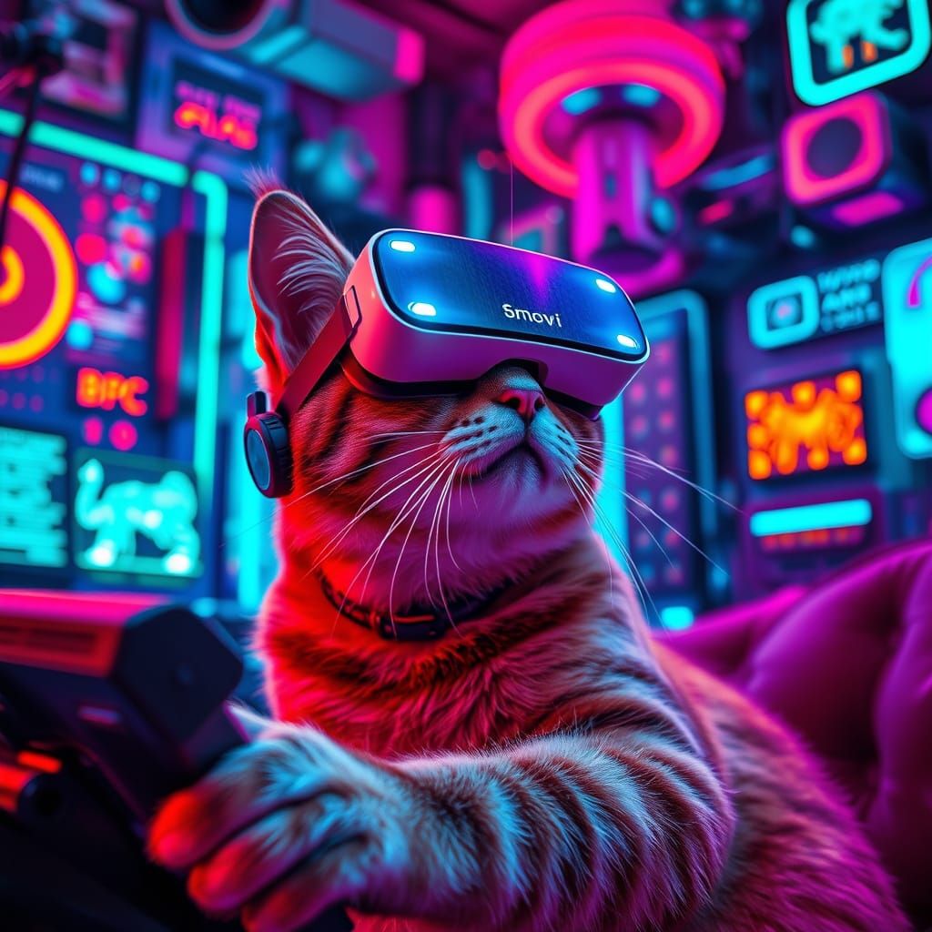 Cat Enjoys VR Gaming in Cyberpunk Style