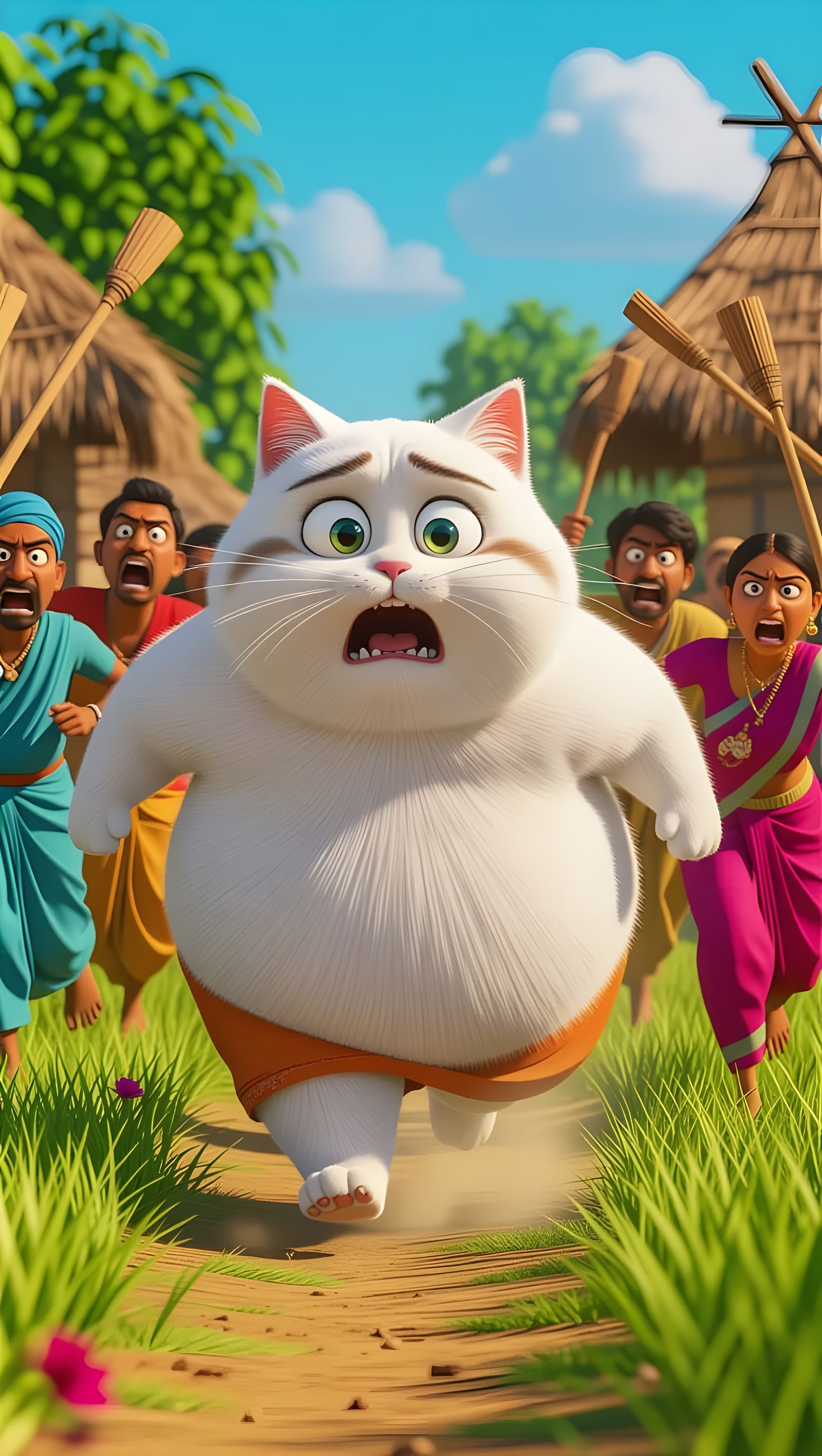 Pixar-Style 3D Scene of a Frightened Giant Cat Running Throu...