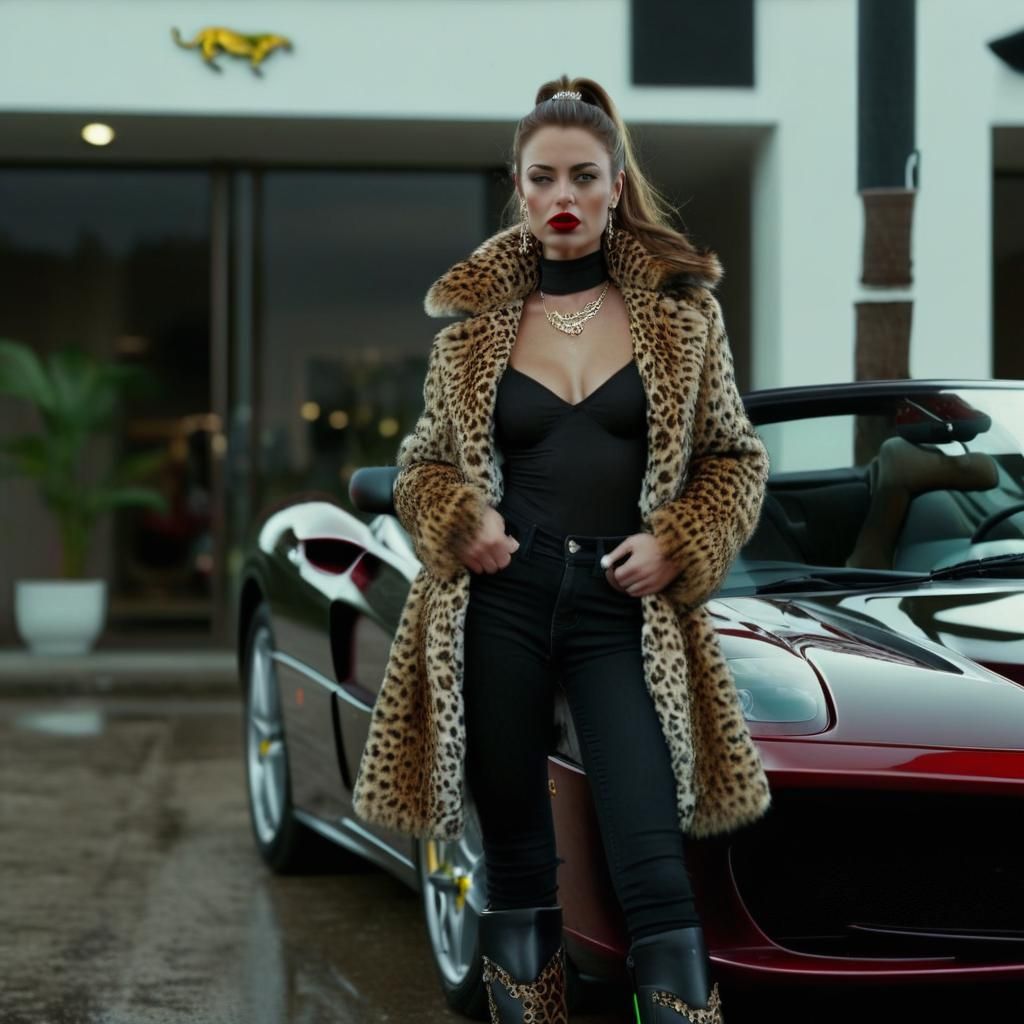 Beautiful Woman in Leopard Coat Cinematic Portrait