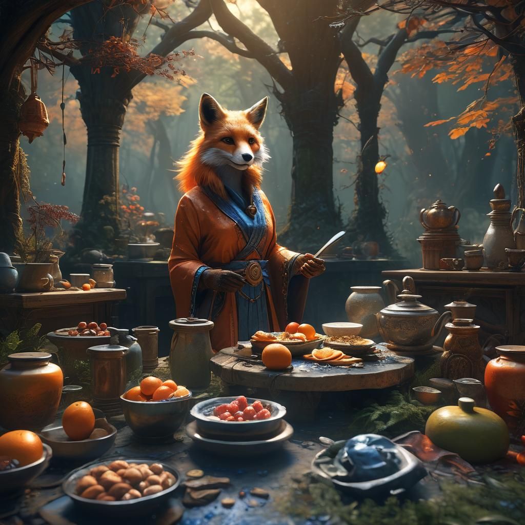 Fox Deity Cooks Breakfast in Mystical Forest