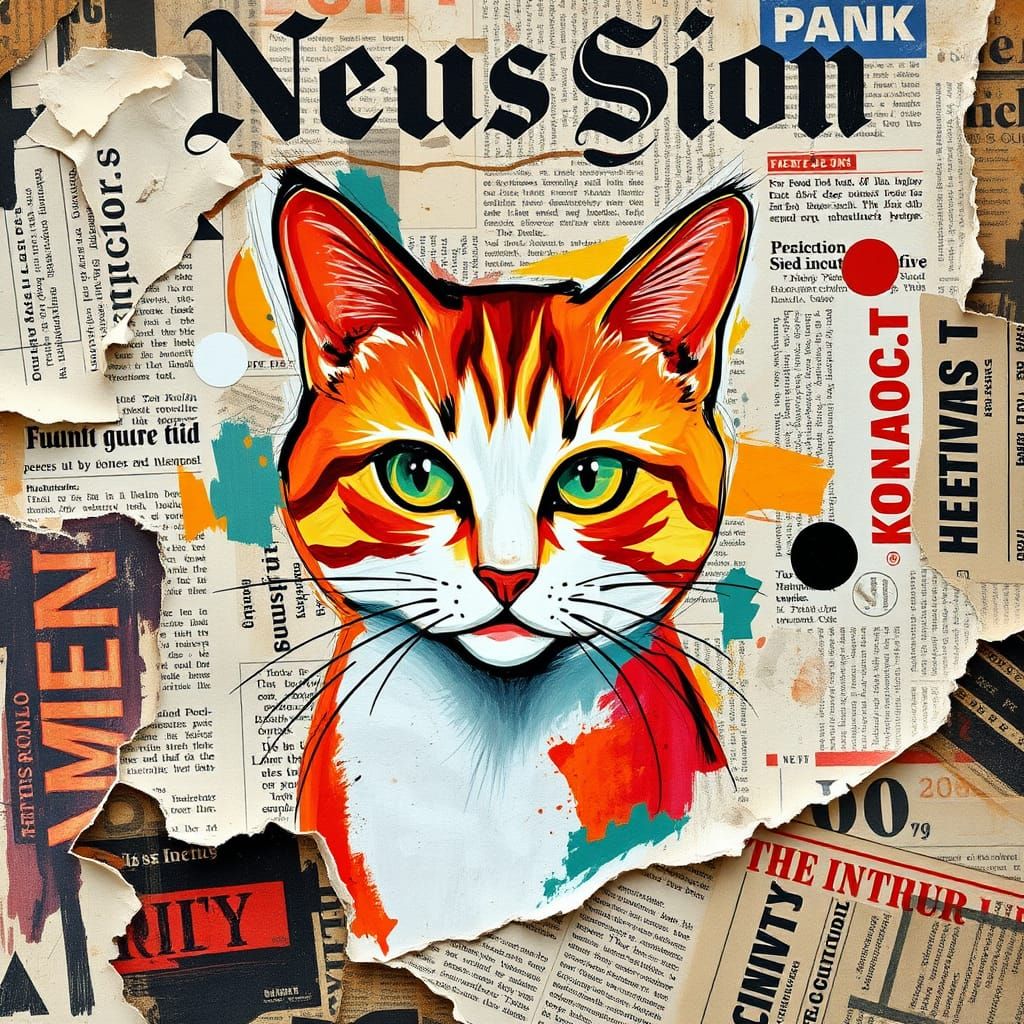 cat, newspaper collage background