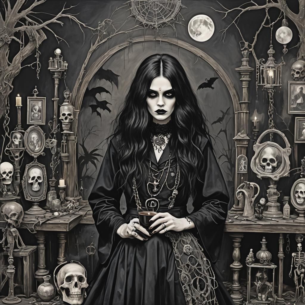 Goth Fashion Model in Haunted House, Detailed Matte Painting