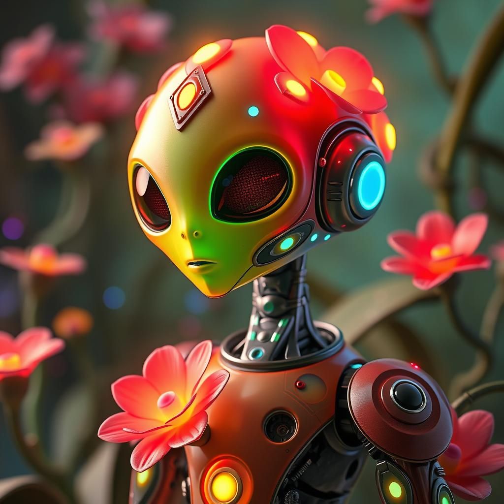 Cybernetic Alien with Glowing Flora in Retro Style