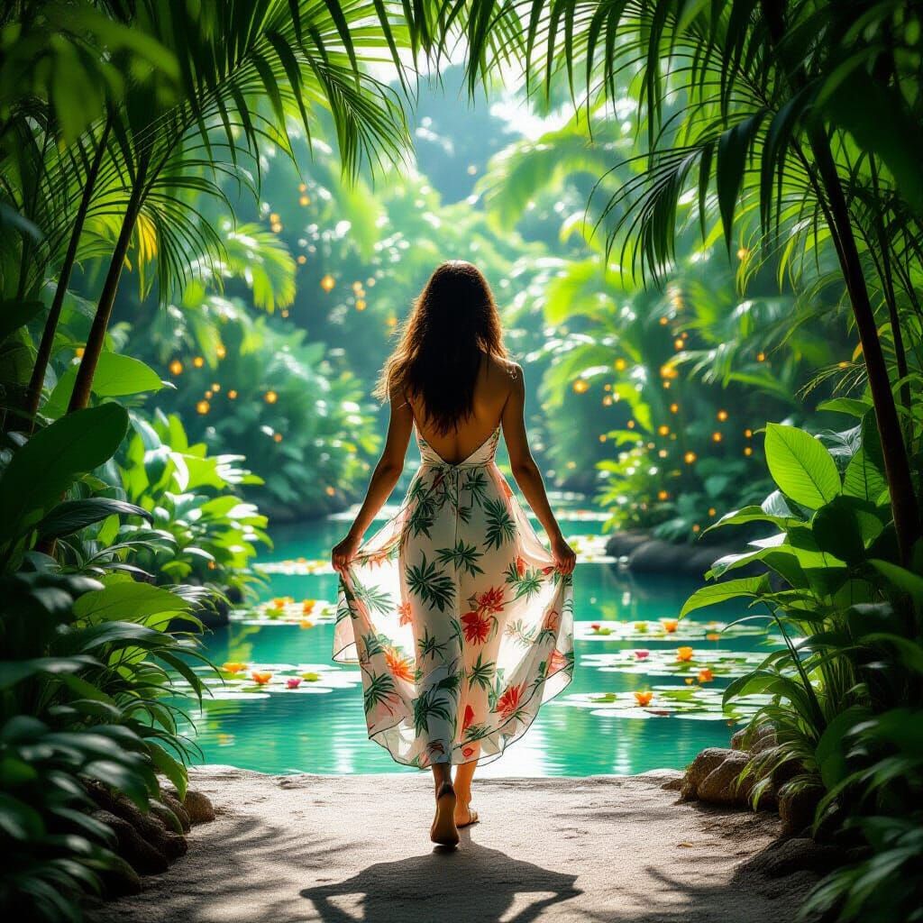 Tropical Paradise with Fireflies in Impressionistic Style