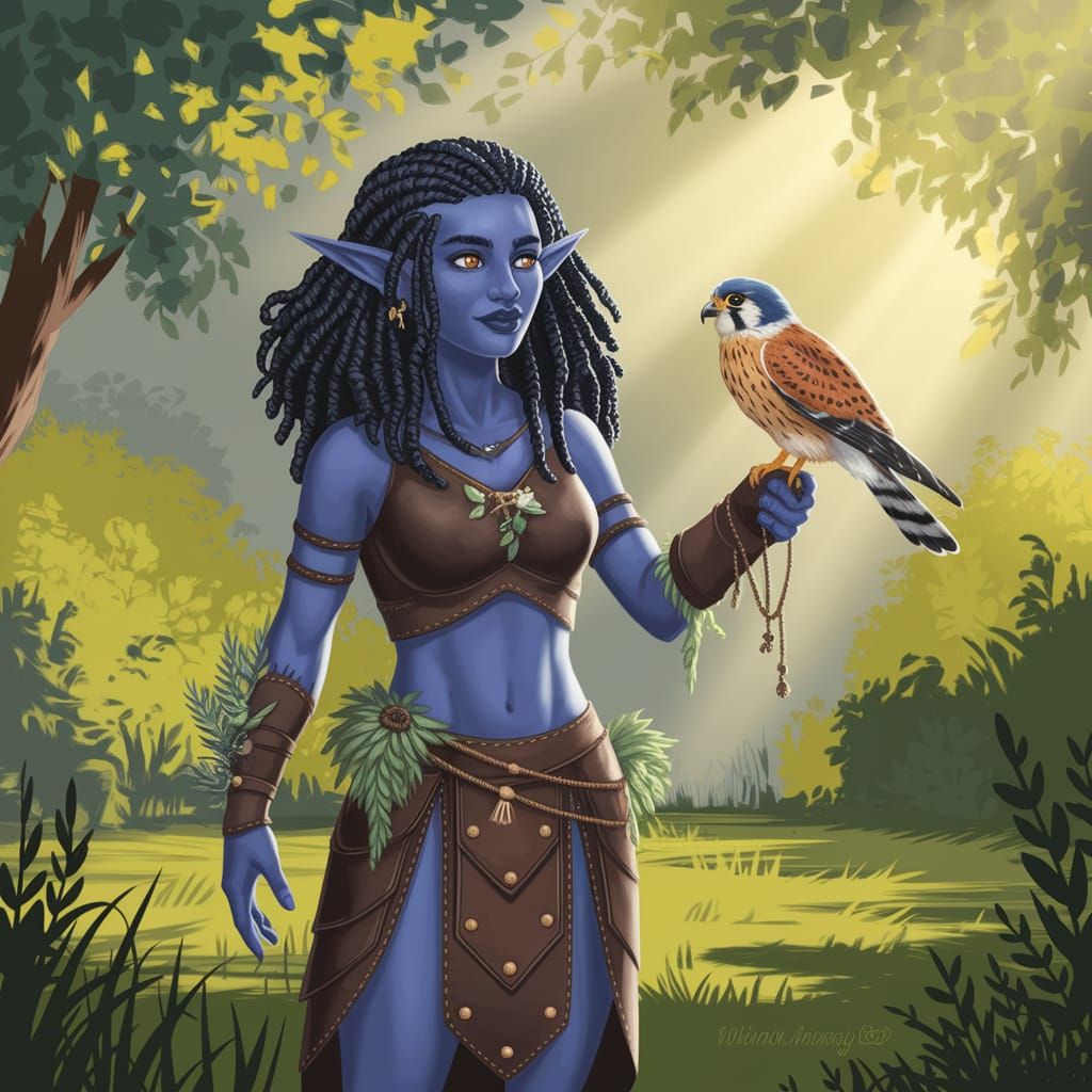 Dark Skinned Tiefling Druid Connects with Nature