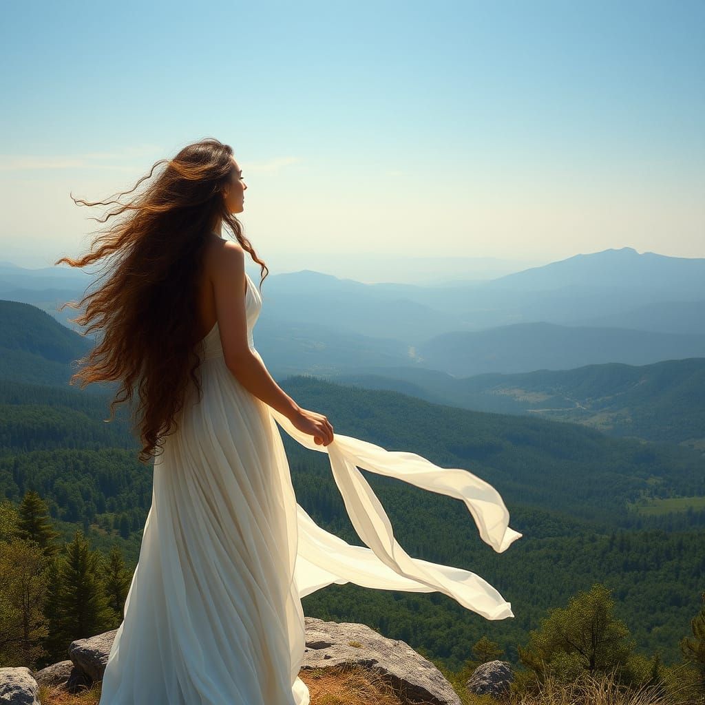 Woman on Mountaintop in Romantic Fantasy Style