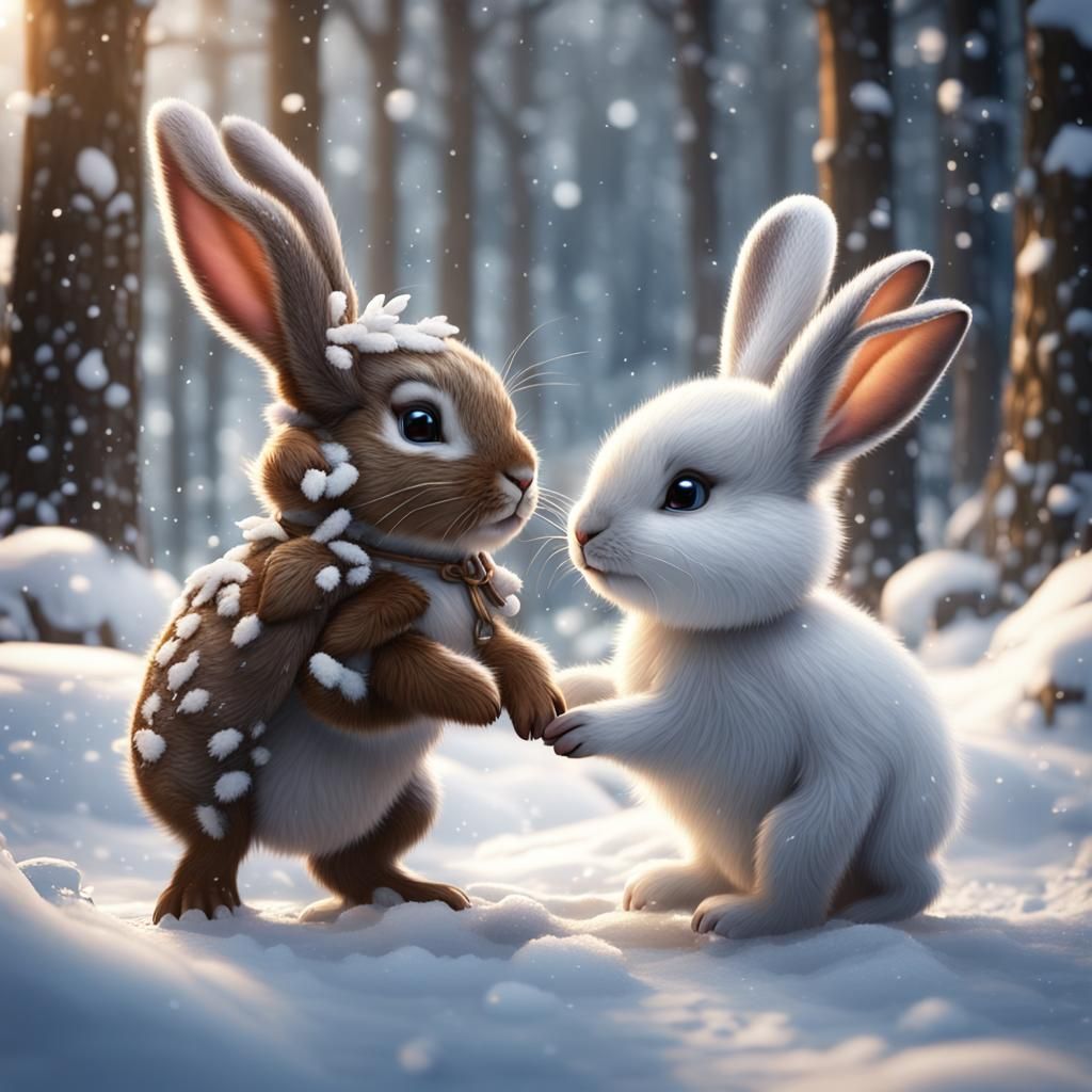 Cute Baby Bunnies Dancing in a Winter Wonderland