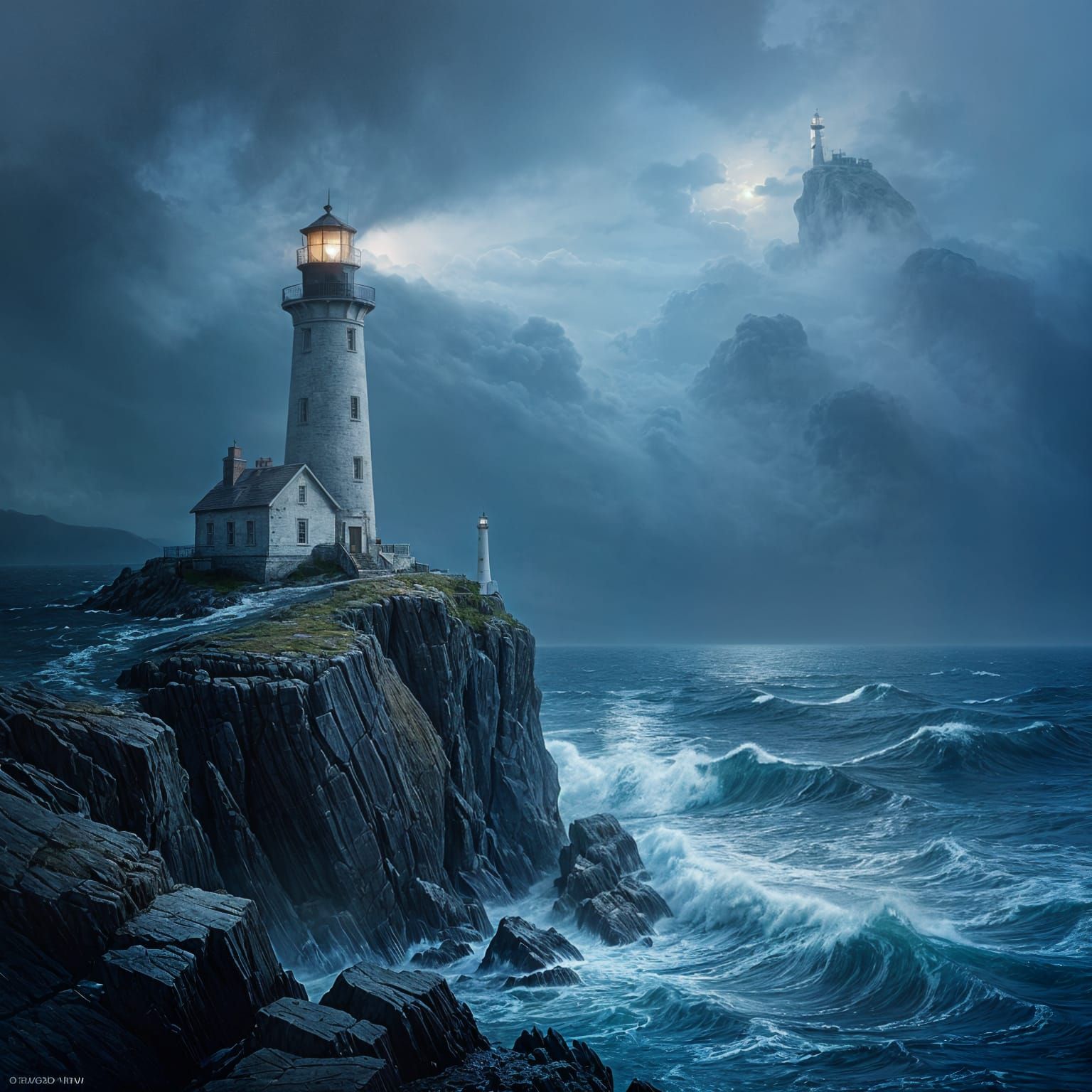 Weathered Lighthouse on Jagged Cliff in Stormy Sea Oil Paint...