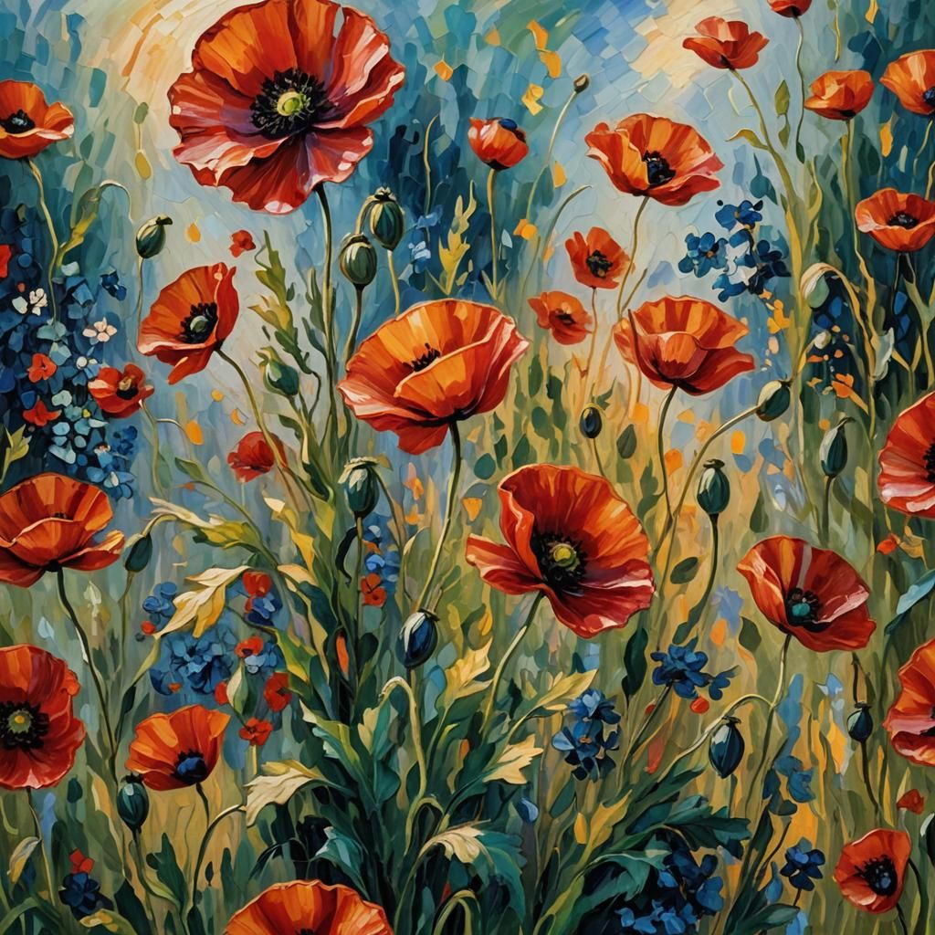 Red Poppy in Neo-Impressionist Oil Painting Style