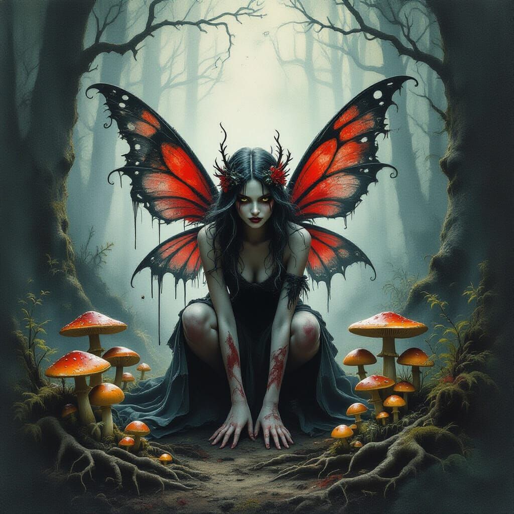 Gothic Toadstool Fairy in Eerie Forest Watercolour