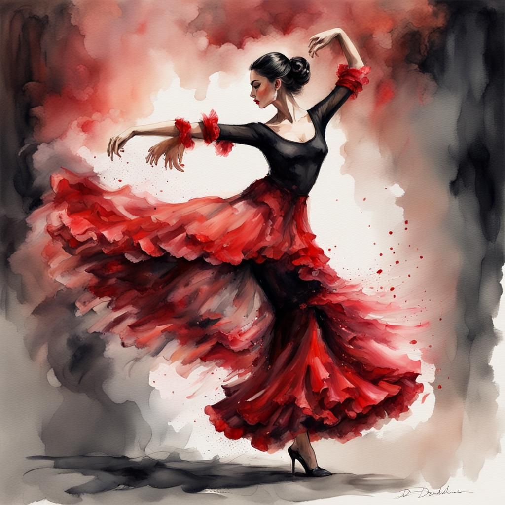 Flamenco Dancer in Red Dress, Watercolor Style