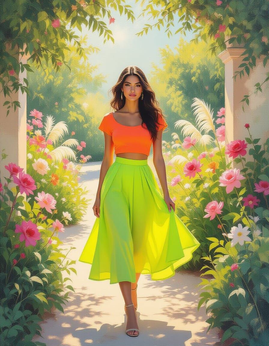 Woman in Neon Garden, Impressionist Rococo Style