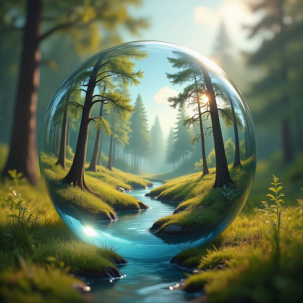Transparent Bubble With Autumn Landscape Floating