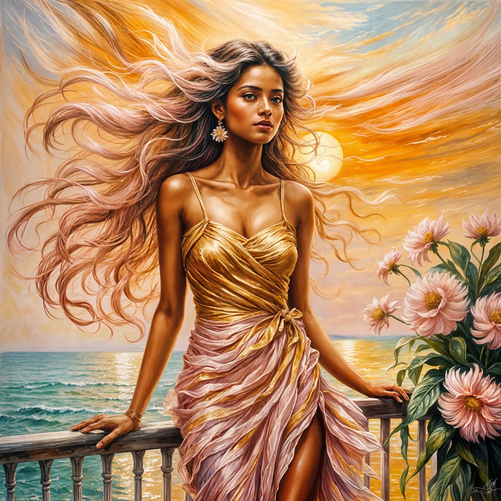 Sri Lankan Beauty with Bubblegum Hair, Impressionistic Oil P...