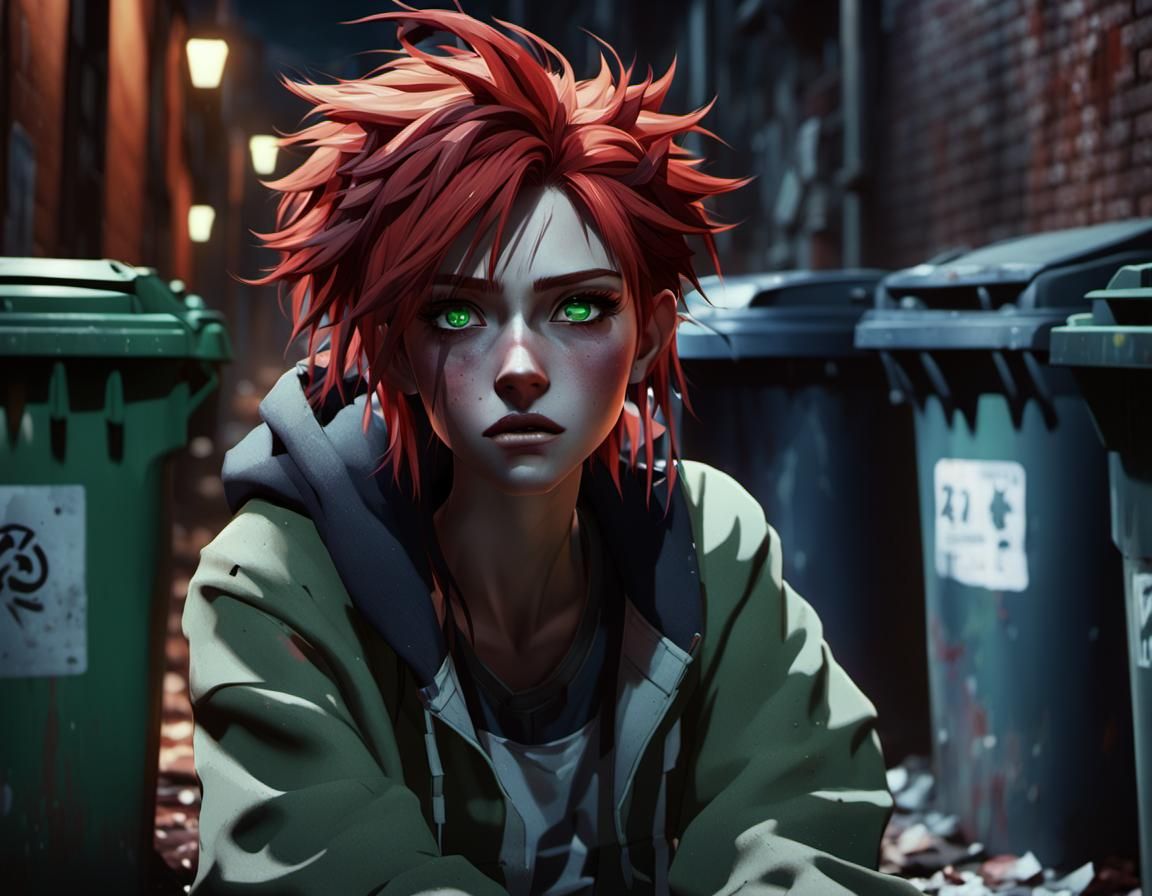 Sad Redhead in Alley: 3D Anime Style Artwork