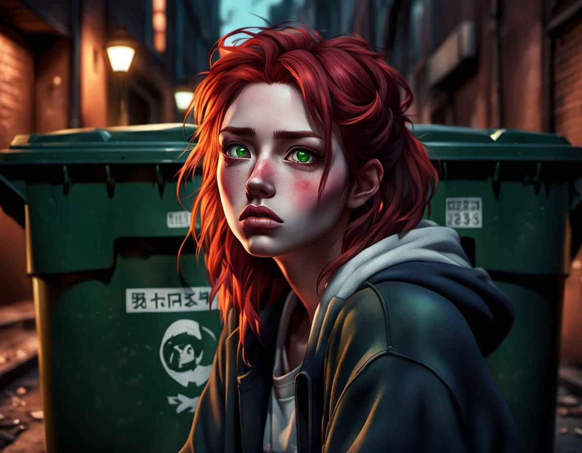 Anime Portrait of Sad Girl in Dark Alley