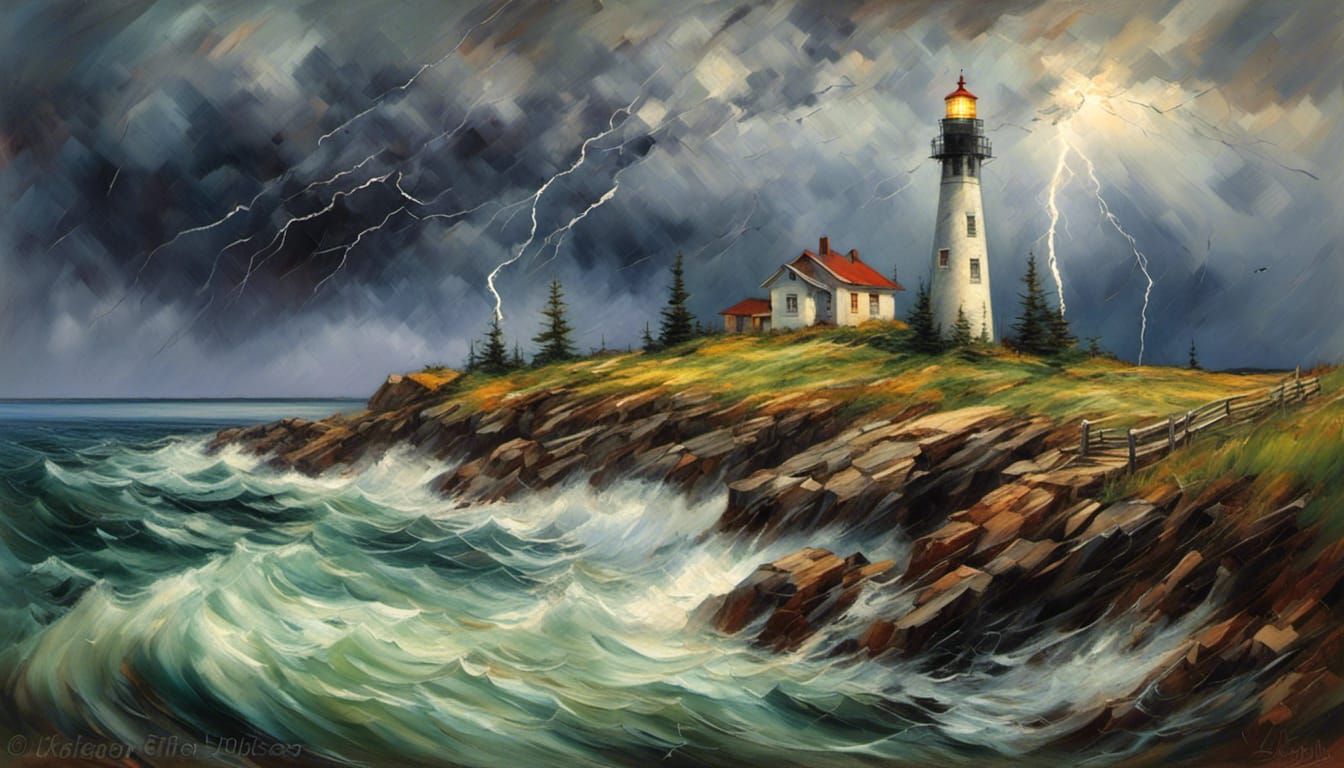 Maine Coast Lighthouse Amidst a Violent Storm